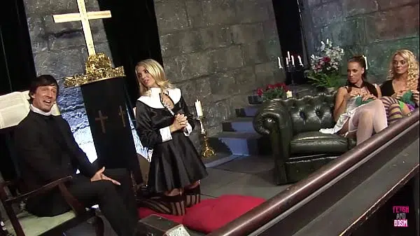 Blonde and brunette women of exceptional attractiveness engage in a very passionate and intense sexual encounter inside the confines of a church